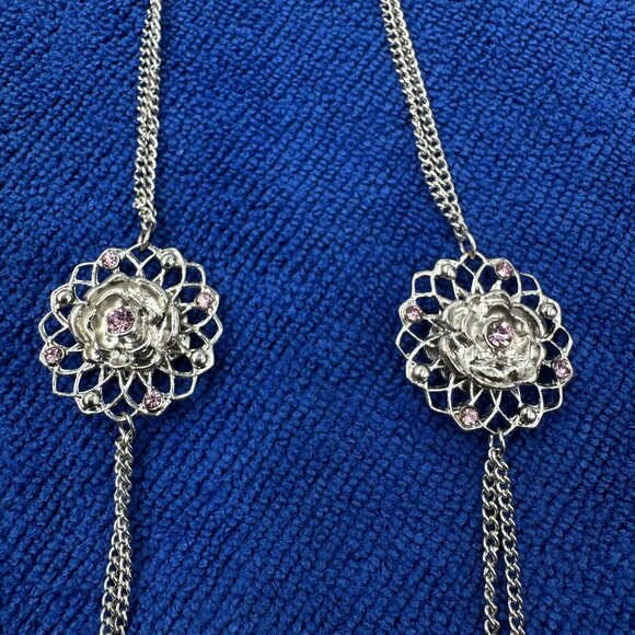 Silver Tone Pink Rhinestone Flower Statement Necklace 1940's 50's Retro Design - Picture 5 of 10